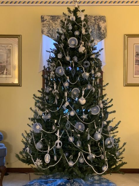 Wedgwood ornaments & small plates on a 7’ tree Wedgwood Christmas Tree, Wedgwood Blue, Blue Christmas Tree, Small Plates, Blue Christmas, Xmas Tree, Holiday Wreaths, Tree Ornaments, Merry Christmas