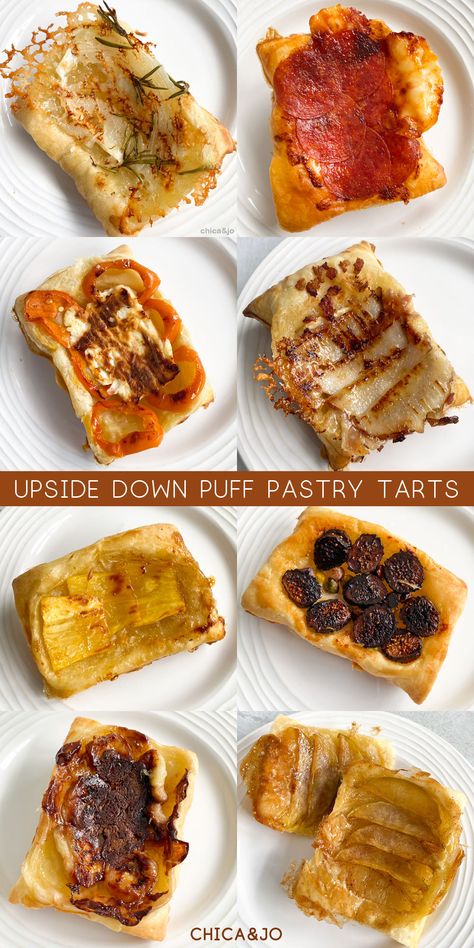 Upside Down Cambozola Tarts, Savory Tarts Puff Pastry, Puff Pastry Recipes Tiktok, Upside Down Savory Tarts, Tiktok Puff Pastry, Upside Down Puff Pastry Bacon, Phyllo Pastry Recipes Breakfast, Upside Down Tartlets, Inverted Puff Pastry