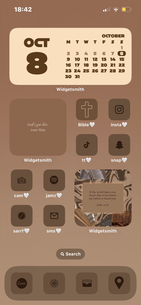 Christian ios 16 home screen- dark brown homescreen🤎 Ios 16 Home Screen Ideas Christian, Dark Brown Homescreen, Christian Homescreen Layout, Christian Home Screen Ideas, Brown Phone Layout, Christian Home Screen, Brown Home Screen, Brown Homescreen, Brown Screen