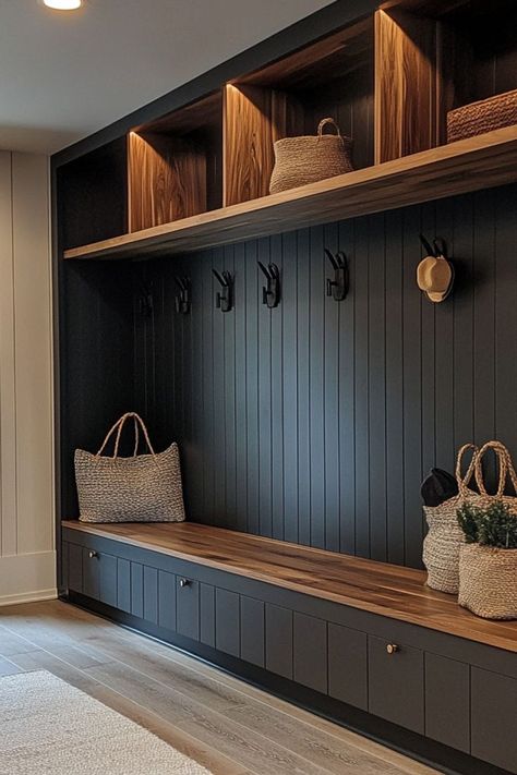 Organize a sleek and functional mudroom with smart storage and stylish touches. #MudroomDecor #HomeOrganization #FunctionalSpaces Mudroom Hooks And Bench, Entry Closet Makeover, Dark Modern Interior, Mudroom Design Ideas, Organized Entryway, Coat And Shoe Storage, Hallway Seating, Functional Mudroom, Mudroom Remodel