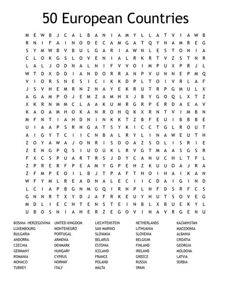 50 European Countries Word Search Difficult Word Search, 50 Words, Learn Facts, Word Search Puzzles, European Countries, Word Doc, Word Search, Coloring Pages, 50 %