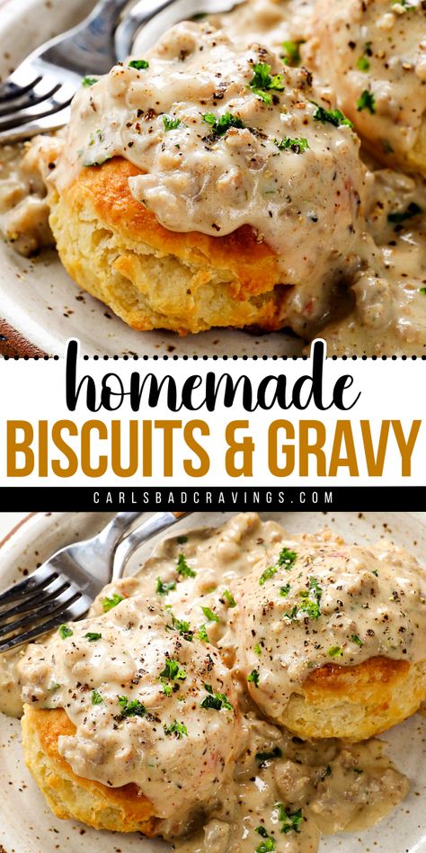 Enjoy Homemade Biscuits and Gravy for a perfect holiday brunch idea! This Christmas morning breakfast is a protein packed meal made with pantry friendly ingredients. Easy to make and delicious, you can even make it gluten free. Start your day off right with this tasty dish! Biscuit Breakfast Ideas, Healthy Biscuits And Gravy, Breakfast Biscuit Ideas, Gluten Free Biscuits And Gravy, Homemade Biscuits And Gravy, Biscuits And Gravy Breakfast, Biscuits And Gravy Recipe, Homemade Gravy For Biscuits, Cravings Recipes