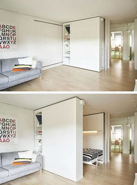 Flexible Space, or movable walls, are changing the world of design. For those who live in very small spaces, the flexible walls offer an ideal solution for storage as well as optimal space utilization. Now, IKEA has introduced its own version of the "wall" and they did an outstanding job. Ikea Small Spaces, Movable Walls, Sliding Wall, Decor Studio, Flexible Space, Tiny Spaces, Tiny Apartment, Design Del Prodotto, Home Upgrades