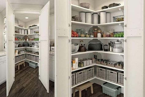 29 Best Kitchen Pantry Ideas to Try in 2024 - Architectures Ideas Kitchen Utility Cabinet, Corner Pantry Ideas, Corner Kitchen Pantry, Pantry Layout, Built In Pantry, Corner Kitchen, Corner Pantry, Pantry Cabinets, Pantry Shelving