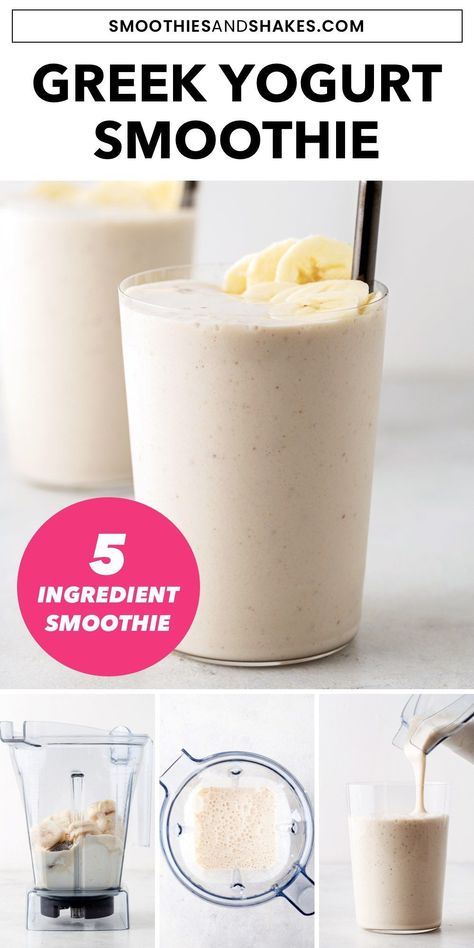 Creamy and delicious, this Greek yogurt smoothie is ready in only 5 minutes. Learn how to make this healthy recipe with 5 ingredients. #greekyogurtsmoothie #smoothies #smoothierecipes #breakfastsmoothies #healthyrecipes #greekyogurt #proteinsmoothie Yogurt Protein Smoothie, Vanilla Yogurt Smoothie, Yogurt Protein Shake, Greek Yogurt Smoothie Recipes, Plain Yogurt Recipes, Greek Yogurt Recipes Healthy, Yogurt Recipes Healthy, Greek Yogurt Breakfast, Greek Yogurt Smoothie