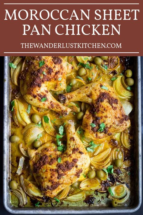 Savor the flavors of Morocco with this one-pan wonder. In this Moroccan Sheet Pan Chicken recipe, aromatic spices, tangy olives, and onions come together deliciously. This simple meal brings the flavors of a far-off land right into your kitchen. Indian Sheet Pan Dinner, Sheet Pan Chicken Recipe, Chicken Quarter Recipes, Moroccan Chicken Recipe, Italian Baked Chicken, Chicken Lickin, Sheet Pan Meals Chicken, Easy Chicken Casserole Recipes, Pan Chicken Recipes