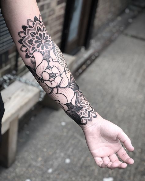 Added a peony and some mandalas around an existing tattoo on toms arm yesterday. Wraps all the way round and comes up over the elbow ditch.… Floral Elbow Wrap Tattoo, Peonies Tattoo Elbow, Arm Ditch Tattoo, Half Mandala Elbow Tattoo, Mandala Flower Elbow Tattoo, Peony Mandala Tattoo Sleeve, Mandala Elbow, Flower Mandala Tattoo, March Tattoo