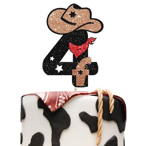 PRICES MAY VARY. 【Attractive Design】🤠Our products are exclusively designed by our own designers. Infringement must be investigated. 【Size】🟤 " Cowboy 4" size is 4.1 inches * 5.6 inches which is suitable for most cakes. 【Material & Quality】🌵It's a high quality product with aesthetic appearance. Gorgeous " Cowboy 4 " cake topper is made of non-shedding glitter cardboard and food-grade wooden stick. Also this product is protected by thick cardboard and has been assembled. It can be used directly Cowboy Theme Birthday Party, Cowboy Theme Birthday, Cowboy Cake Topper, Old Birthday Cake, 4th Birthday Cake, Birthday Cake Decor, Cowboy Cakes, Rodeo Birthday Parties, 4 Cake