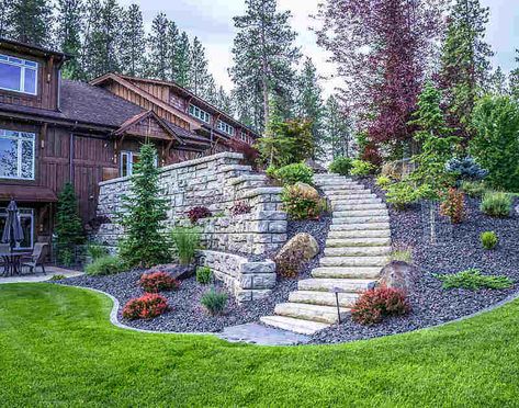 6 Creative Ideas to Landscape a Slope - Lawnstarter Side Landscaping, Retaining Wall Ideas, Landscaping Blocks, Retaining Wall Design, Landscaping A Slope, Landscape Timbers, Landscaping On A Hill, Sloped Yard, Sloped Backyard