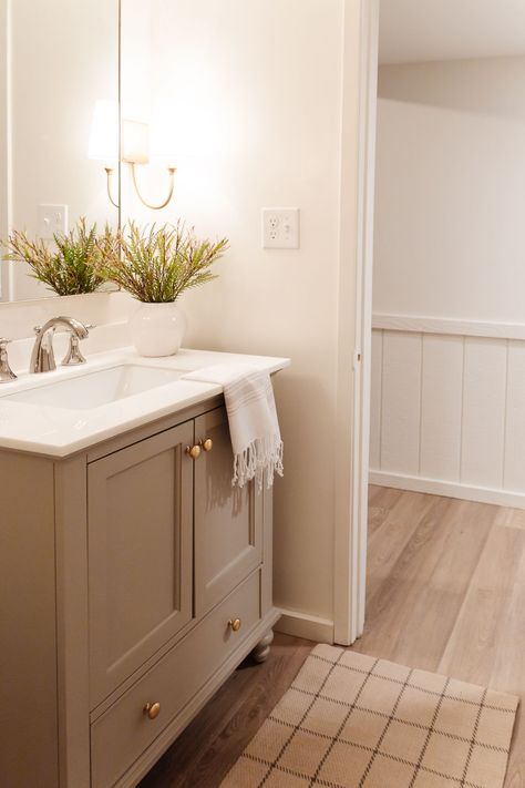 Bathroom Mushroom Colour, Benjamin Moore Vanity Paint Colors, Neutral Tone Paint Colors, Putty Bathroom Cabinets, Studio Mcgee Bathroom Paint Colors, Warm Bathroom Vanity Colors, Mushroom Bathroom Vanity, Creamy Benjamin Moore Paint, Tan Bathroom Vanity Paint Colors