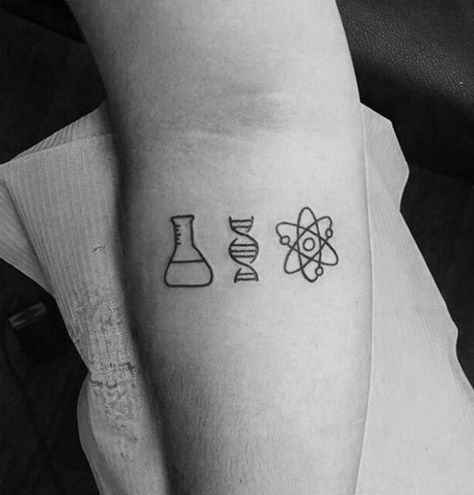 Small Simple Chemistry Tattoos For Men With Beaker Dna And Atom                                                                                                                                                                                 Mais Chemistry Tattoos, Atom Tattoo, Chemistry Tattoo, Science Tattoo, Science Tattoos, Dna Tattoo, Ankle Tattoo Designs, Tattoo Design Ideas, Small Tattoos For Guys