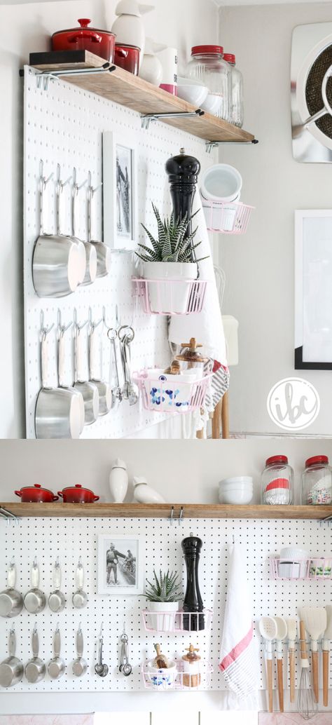 DIY Pegboard Kitchen Storage - kitchen organization - small space kitchen storage ideas - kitchen organization Small Space Kitchen Storage, Kitchen Organization Wall, Pegboard Kitchen, Diy Pegboard, Diy Kitchen Shelves, Kitchen Shelves Organization, Kitchen Wall Storage, Pegboard Organization, Small Kitchen Organization