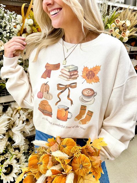 Monogrammed 'Most Wonderful Time' Fall Crewneck Sweatshirt – United Monograms Fall Monograms, Fall Crewneck Sweatshirt, United Monograms, Fall Crewneck, Pumpkin Applique, Unique Monogram, Monogram Outfit, Brown Sweatshirt, Sleeveless Sweater Vest