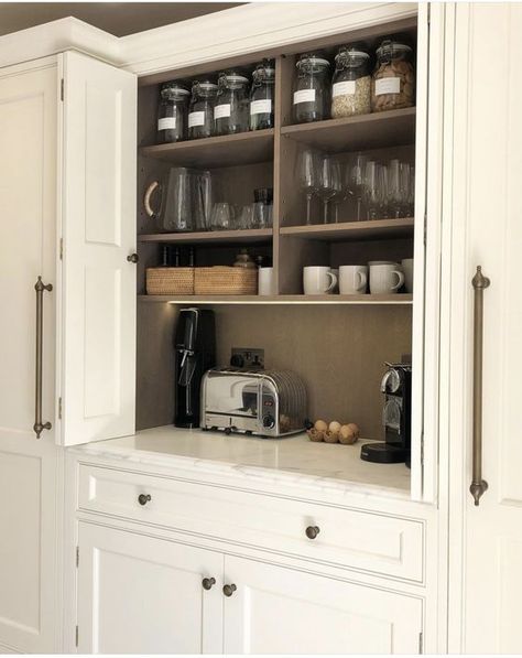 Kitchen appliance cupboard ideas - Making your Home Beautiful Appliance Cupboard, Kitchen Appliance Garage, Cupboard Ideas, Appliance Cabinet, Larder Unit, Appliance Garage, Larder Cupboard, Coffee Nook, Kitchen Appliance