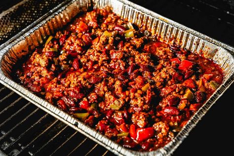 Over the Top Chili Recipe Chili On The Smoker, Smoked Over The Top Chili, Smoked Ground Beef, Over The Top Chili, Smoked Chili Recipe, Top Chili Recipes, Smoked Chilli, Beef Paprika, Pulled Pork Chili