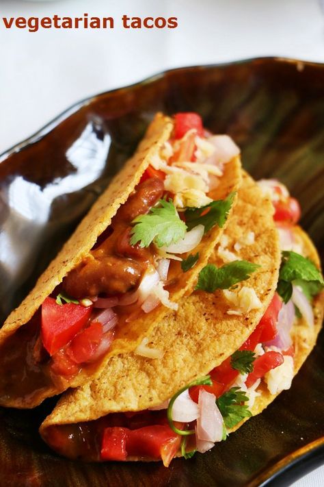 vegetarian tacos recipe Tacos Recipes Vegetarian Indian, Indian Taco Recipes, Veg Tacos, Easy Tacos, Veggie Sandwiches, Taco Recipes Mexican, Vegetarian Tacos Recipes, Vegetable Tacos, Baked Snacks