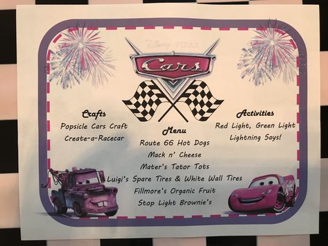 Disney Movie Night: Cars Cars Movie Dinner Ideas, Cars Dinner And A Movie, Cars Themed Dinner, Cars Movie Night, Disney Nights, Family Movie Night Themes, Disney Movie Night Menu, Disney Themed Movie Night, Disney Movie Night Dinner