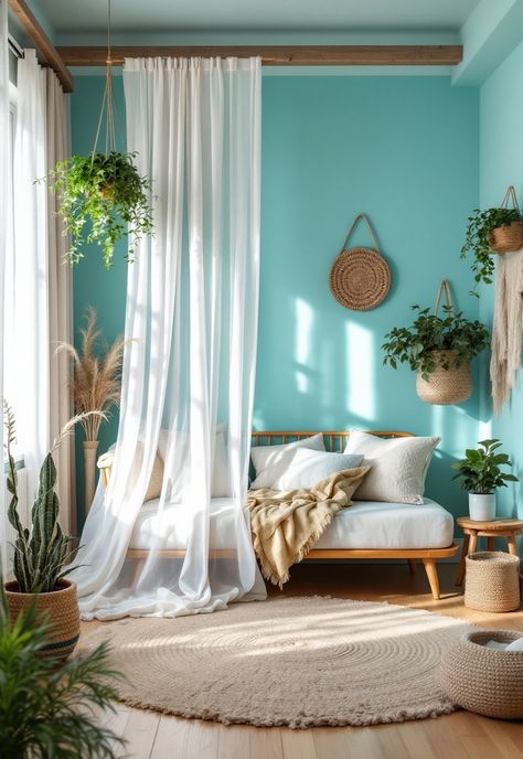 Blue Boho Girls Bedroom Boho Girls Bedroom Ideas, Blue Boho Decor, Boho Girls Bedroom, Boho Inspo, Natural Decor, Artistic Space, Themed Bedroom, Decor Elements, Boho Girl