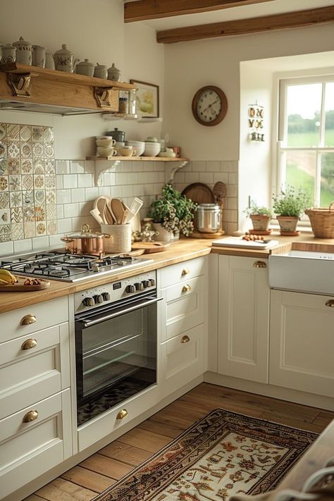 Kitchen Ideas Cream Color, French Style Kitchen Design, Small Tiled Kitchen, Kitchen Decor Classic, Cottagecore Modern Kitchen, White Kitchen Timeless, White Vintage Kitchen Ideas, Italian Modern Kitchen Design, Small Cream Kitchen Ideas