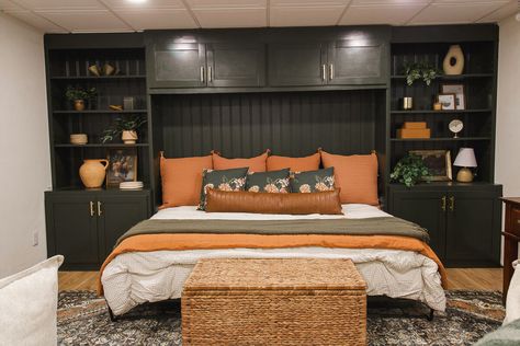 DIY Built-in Murphy Bed (And how they're styled!) Built Ins Around Master Bed, Murphy Bed Next To Window, Murphy Bed With Side Desk, Built In Bed Shelves, Built Ins Behind Bed, Built In Bed Bookshelves, Built In King Bed Nook, Built In With Murphy Bed, Built In Shelving Around Bed