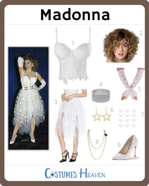 1980s Glamour Fashion, Madona Outfit 80s Costume, Madonna Outfit Ideas, 80s Madonna Costume, Madonna Costume Ideas, Diy Madonna Costume, Like A Virgin Costume, Madonna Bachelorette Party, Madonna Outfits Costumes