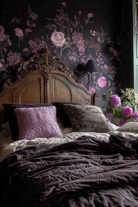 bedroom ideas, bedroom inspiration, purple bedroom, grown woman bedroom, bedroom inspiration, bedroom decor, dark bedroom Purple And Natural Wood Bedroom, Dusty Purple Bedroom Ideas, Purple Walls And Ceiling, Deep Purple Bedding, Purple Victorian Bedroom, Deep Purple Room, Purple Cottagecore Bedroom, Purple And Red Bedroom, Dark Botanical Bedroom