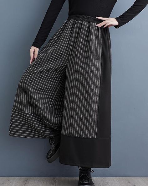 ellazhu Women's Elastic Waist Wide Leg Stripe and Solid Color Patchwork Harem Pants GZ141 at Amazon Women’s Clothing store Adventure Outfit, Spring Fabric, Colored Pants, Loose Pants, Pair Of Pants, Amazon Women, Black Stripes, New Black, Leg Pants