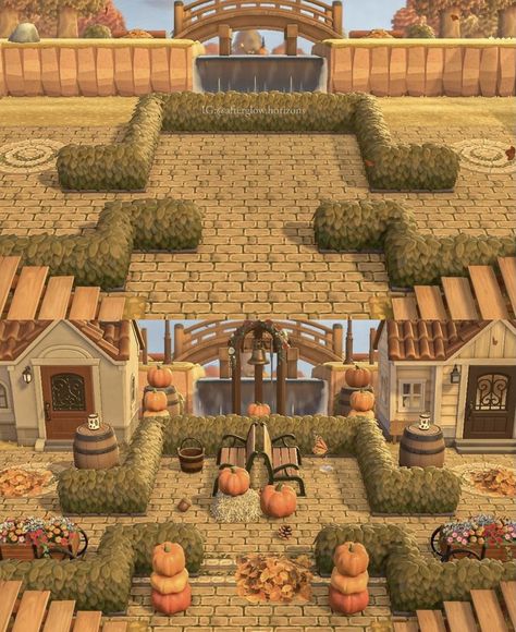 Acnh Spooky Neighborhood, Acnh Neighborhoods Ideas, Animal Crossing Neighborhood Ideas, Acnh Neighborhood Designs, Acnh Halloween, Cottagecore Animal Crossing, Acnh Cottagecore, Brick Path, Animal Crossing 3ds