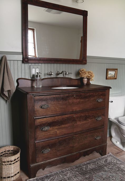 Dresser Sink Vanity, Pallet Swing Bed, Dresser Sink, Modern Traditional Bathroom, Reno House, Sink Diy, Dresser Vanity Bathroom, Vintage Bathroom Vanity, Swing Bed