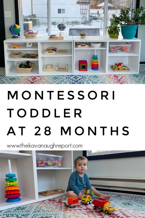 28 Month Old Activities, Montessori Toddler Shelves, Montessori 24 Months, Montessori Home Daycare, Montessori 24-36 Months, Montessori 12-18months, Montessori Kitchen Toddler, Montessori Shelf Ideas, Montessori Toddler Classroom