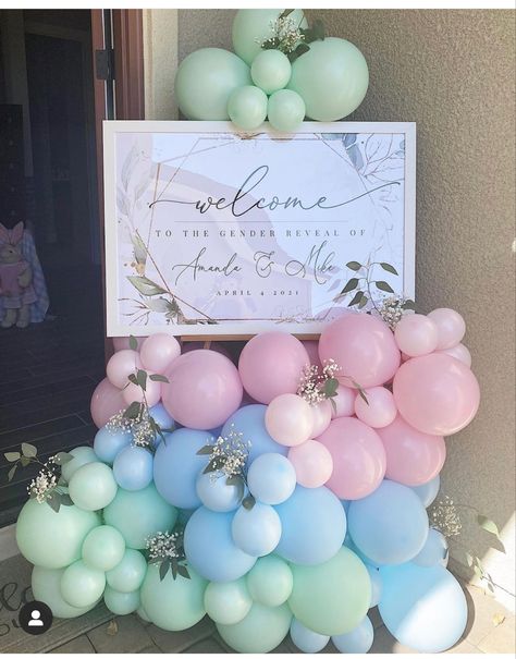 Pastel Welcome Sign, Gender Reveal Entrance Decor, Gender Reveal Entrance Sign, Party Welcome Sign Entrance, Welcome Sign Birthday Party Entrance, Welcome Sign With Balloons, Welcoming Board, Easter Gender Reveal, Glitter Wine Glasses Diy