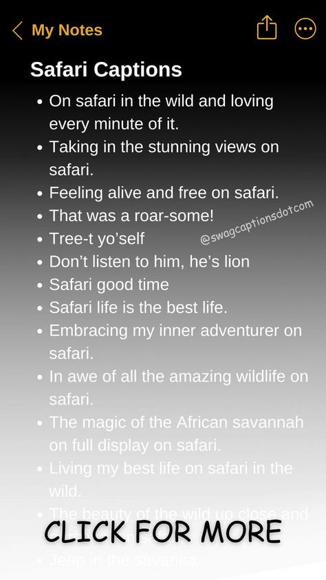 Explore the wild with our curated list of the Best Safari Captions and Quotes! Perfect for capturing the essence of your safari adventure, these captions will make your wildlife photos stand out. From thrilling jungle excursions to serene savannah sunsets, find the perfect words to accompany your safari experiences. Safari Quotes Travel, Wildlife Captions For Instagram, Jungle Quotes Wild, Jungle Captions For Instagram, Safari Captions For Instagram, Safari Quotes, Caption For Sunset, Wildlife Quotes, Safari Photos