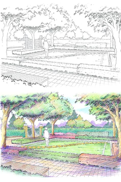 Sketches of landscape design for residential garden. Urban Landscaping, Interior Architecture Sketch, Residential Garden, Basic Sketching, Layout Landscape, Landscape Layout, Furniture Design Sketches, Landscape Architecture Drawing, Interior Design Renderings