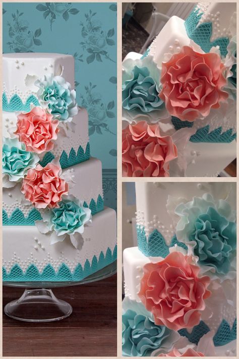 Light Blue And Coral Wedding, Blue And Coral Wedding, Turquoise Wedding Cake, Coral Wedding Cakes, Dental Tourism, Just A Dream, Wedding Cake Table, Fall Wedding Cakes, Coral Wedding