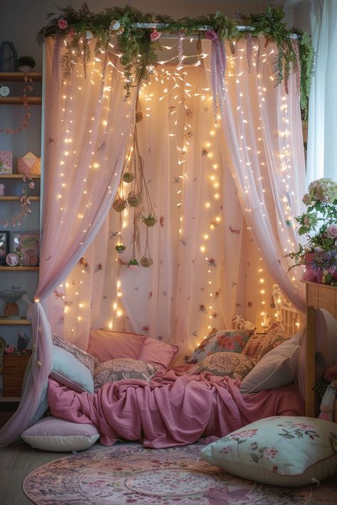 Cozy bedroom Therian Den, Boho Kids Bedroom, Whimsical Fairy Garden, Cosy Nook, Fairytale Bedroom, Fairy Bedroom, Bohemian Jewels, Fun Room, Fairy Room