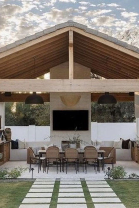 Transform your outdoor patio spaces into inviting retreats with this curated collection. From cozy fire pits to sleek dining areas, discover endless possibilities to elevate your outdoor living experience. Redefine outdoor living with style and comfort. #OutdoorPatio #PatioSpaces #OutdoorLiving #OutdoorDecor #OutdoorDesign #PatioIdeas #OutdoorStyle #OutdoorEntertaining #OutdoorFurniture #PatioInspiration DIY Home Design Home Decor Home Inspo Nails Iphone Background Moody Barnhouse Home Decor Back Exterior Of House, Detached Outdoor Living Space, Palapas Ideas Patios, Pool House Cabana, Farmhouse Backyard, Desert Backyard, Outdoor Living Space Design, Landscaping Backyard, Backyard Pavilion