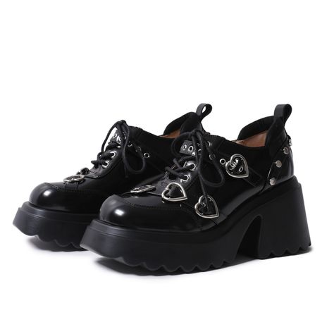 Step into elegance with our Heart Buckle Design Platform Shoes.❤️💯 #y2k #blackshoes #fashionshoe #heartshoes #ootdfashion #harajuku Audience Aesthetic, Heart Buckle Mary Janes, Heart Platform Boots, Harajuku Style Black Platform Boots, Heart Platforms Boots, Platform Shoes Heart Buckle, Shoes Y2k, Heart Shoes, Target Audience