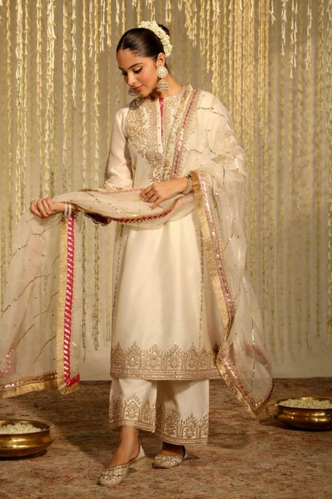 Buy Ivory Kurta And Palazzo Silk Chanderi Embroidery Kiran Dori Mahika A-line Set For Women by Sheetal Batra Online at Aza Fashions. Ivory Suit, Kurta And Palazzo, A Line Kurta, Ivory Silk, Indian Fashion Designers, Embroidery Suits, Suit Designs, Silk Organza, Red Silk