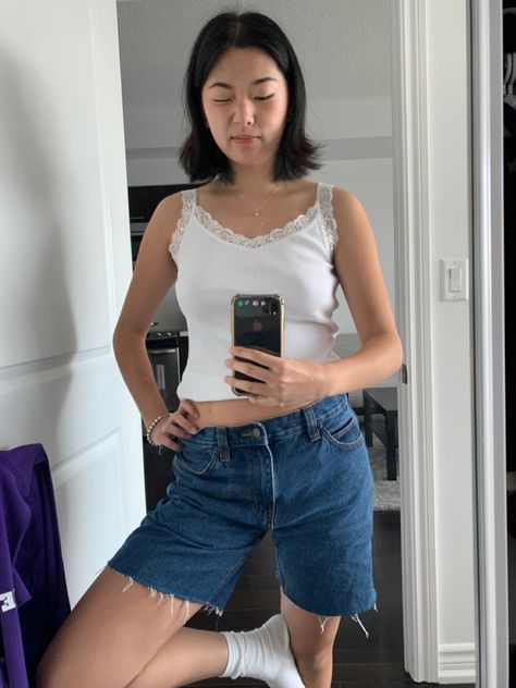 5” denim shorts, jorts, jean shorts, dark blue denim shorts, 7" denim shorts, lace tank, short hair outfit, mirror selfie inspo, outfit pic, fit check, low waisted denim shorts Longer Denim Shorts Outfit, Dark Wash Denim Shorts Outfit, Jean Shorts Outfit 2023, Denim Shorts 2023, Dark Jean Shorts Outfit, Dark Wash Shorts Outfit, Dark Denim Shorts Outfit, Demin Shorts Outfits, Denim Shorts Outfit Aesthetic