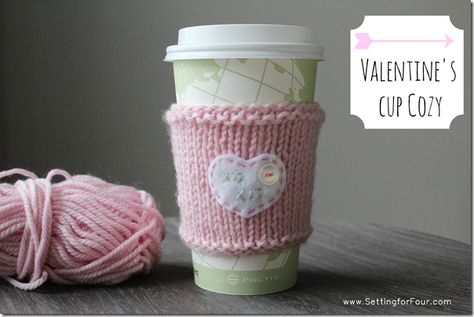 Cup Cozy for Valentine's Day from Setting for Four #diy #knitting #cup #cozy Mug Warmer Crochet, Diy Coffee Sleeve, Knit Cup Cozy, Saint Valentin Diy, Valentines Bricolage, Pink Mug, Mug Warmer, Mug Cozy, Homemade Valentines