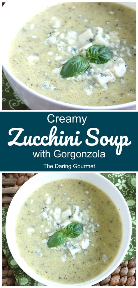 This creamy zucchini soup is laced with buttermilk, infused with herbs and sprinkled with Gorgonzola for an irresistibly delicious flavor! Soup Recipes With Buttermilk, Cream Of Zucchini Soup, Creamy Zucchini Soup, Daring Gourmet, Comfort Soups, Meatballs Pasta, Zucchini Sauce, Creamy Zucchini, Delicious Soups