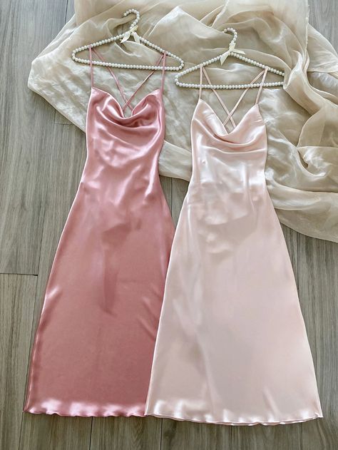 2pcs Draped Collar Satin Cami Night Dress | SHEIN USA Bougie Outfits, Cami Night Dress, Women Nightwear Dresses, Satin Dressing Gown, Satin Cami Dress, Draped Collar, Top Streetwear Brands, Dresses Shein, Trendy Outfits For Teens