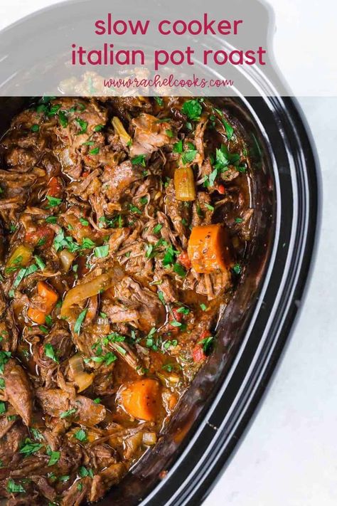 You won’t believe how good Italian pot roast is! This slow cooker beef roast is sure to become a family favorite. And it’s easy! Slow Cooker Beef Roast, Chuck Roast Crock Pot Recipes, Roast Beef Crock Pot Recipes, Beef Roast Crock Pot, Italian Pot Roast, Crockpot Pot Roast, Crockpot Roast Recipes, Slow Cooker Italian, Pot Roast Crock Pot Recipes