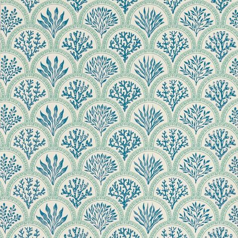 Coralli Wallpaper in Tomato/Blue by Jane Churchill Jane Churchill, Coral Wallpaper, Stripes Texture, Hamptons Style, Scallop Edge, Wallpaper Collection, Wallpaper Design, Block Printing, Picture Collage