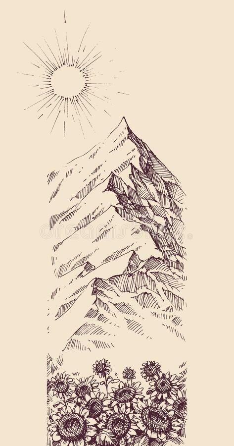 Sunflowers And Mountains, Ink Drawing Mountains, Mountain Botanical Tattoo, Mountain Drawing Landscapes, Mountain Wallpaper Drawing, Nevada Mountains Tattoo, Ink Illustrations Nature, Mountain Sunflower Tattoo, Mountain Scene Coloring Pages