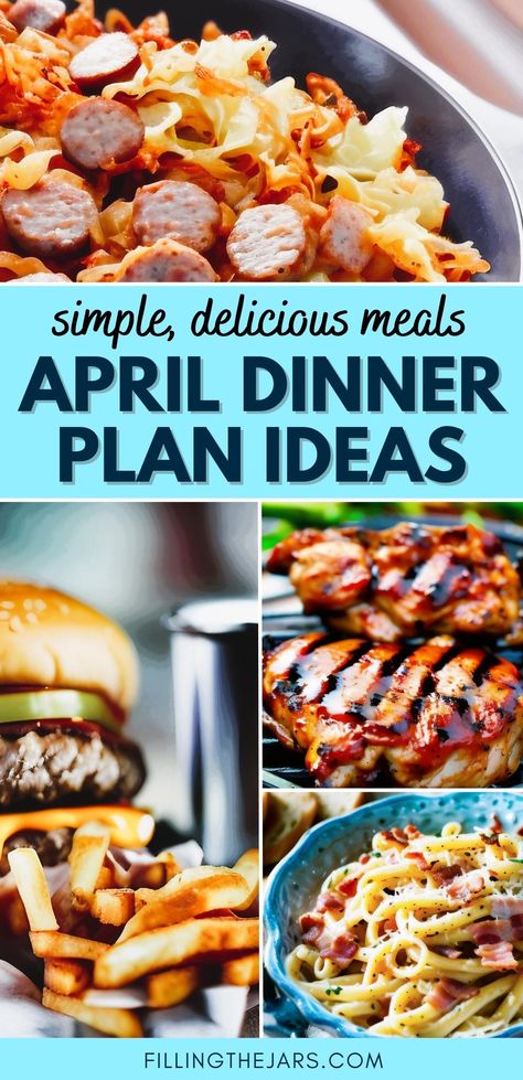 Text April dinner plan ideas on turquoise banner over multiple finished dinner images. April Meal Plan, Dinner Planning Weekly, Simple Dinner Recipes, Monthly Meal Plan, Dinner Menu Ideas, Spring Recipes Dinner, Holiday Meal Planning, Weekly Dinner Menu, Spring Meals