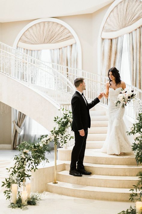 Tuscany Wedding Theme | The Real Wedding of Morgan and Patrick | Orlando Wedding Planners  Just Marry! | St. James Cathedral | Loews Portofino Bay Hotel | Vine & Light Photography | Velvet & Twine Floral | #Universal #Orlando #wedding #Tuscany #theme #greenery #elegance #love Married Couple Photos Wedding, Wedding Photo Ideas Stairs, Wedding Photos Staircase, Wedding Photos Stairs, Wedding Staircase Decoration Railings, Staircase Wedding Photos, Hotel Wedding Photography, Wedding Staircase Decoration, Tuscany Wedding Theme