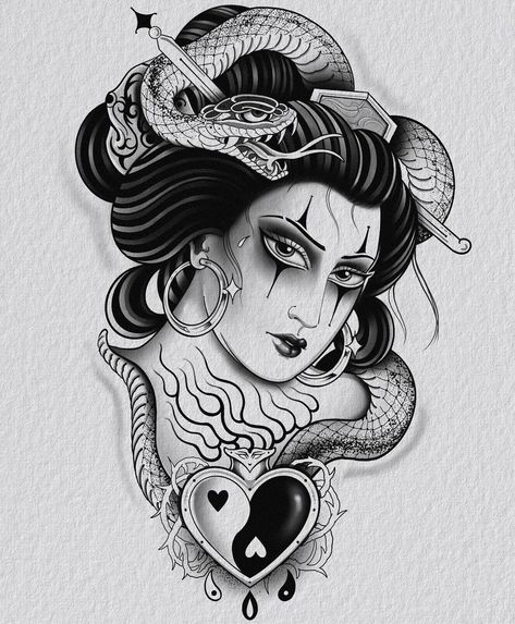 ✦ | Instagram Japanese Medusa Tattoo, Neotrad Medusa Tattoo Design, Japanese Style Medusa Tattoo, Neo Trad Medusa Tattoo, Neo Traditional Medusa, Neotraditional Medusa Tattoo Design, Tattoo Medusa, Medusa Tattoo Design, Geisha Tattoo