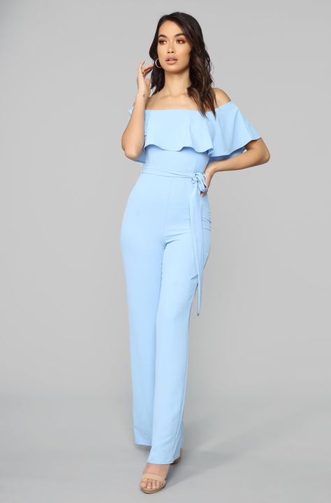 Blue Outfits Casual, Light Blue Wedding Party, Beauxbatons Uniform, Eliza Aesthetic, Blue Jumpsuits Outfit, Light Blue Outfits, Jumpsuit Outfit Wedding, Blue Wedding Party, Light Blue Jumpsuit