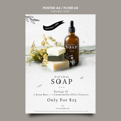 Natural soap concept poster template Fre... | Free Psd #Freepik #freepsd #flyer #poster #template #natural Soap Flyer Design, Cosmetic Poster Design Advertising, Soap Poster Design, Natural Soap Packaging, Soap Poster, Menu Spa, Product Posters, Cosmetics Poster, Cosmetic Poster